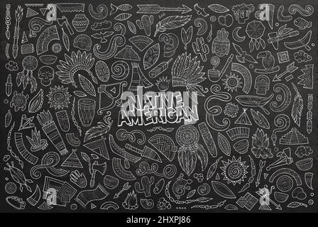 Ensemble de dessins animés à motif de caniche dessinés à la main avec des objets, des symboles et des objets de thème amérindiens Illustration de Vecteur