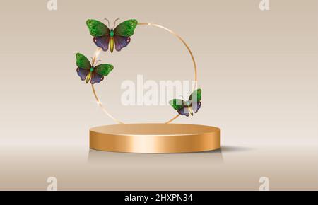 3d scène vide avec arche ronde dorée décorée de papillons colorés, vecteur isolé sur fond beige. Vitrine avec podium vierge et fleurs Illustration de Vecteur