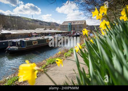 Sowerby Bridge, West Yorkshire, Royaume-Uni. 14th mars 2022. Météo au Royaume-Uni. Un beau ciel bleu et une journée ensoleillée au bassin historique du pont Sowerby, sur le canal Calder & Hebble/Rochdale, qui offre des amarres et des services de chantier agréables et sécurisés à l'ombre de la tour Wainhouse classée en Grade2. Le port de plaisance a été utilisé comme un emplacement pour divers dramatiques de télévision, y compris le thriller Sarah Lancashire "Happy Valley". Crédit : Windmill Images/Alamy Live News Banque D'Images