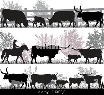 Silhouettes de la race de bétail de texas longhorn Illustration de Vecteur