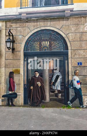 Fresco 'La Fresque des Lyonnais' representing known people of the city, Abbé Pierre, Lyon, Rhône Alpes, France Stock Photo