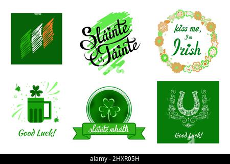 Ensemble d'images relatives à l'Irlande, Saint Patrick Day. Drapeau, bouclier de shamrock, couronne, fer à cheval, bière, bonne chance, santé Illustration de Vecteur