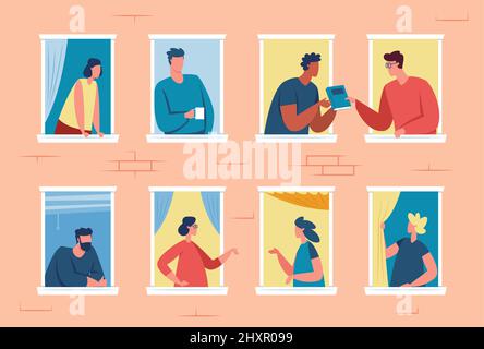 Voisins dans les fenêtres, bon quartier, les gens qui regardent la fenêtre. Amis appartements voisins parlant à l'autre illustration de vecteur. Amis communiquant, discutant de livre, buvant du café Illustration de Vecteur
