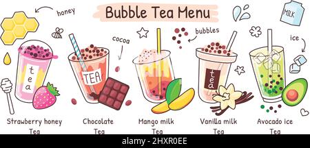 Menu thé moussant, boisson au boba aux saveurs variées. Thé glacé d'été avec des perles de tapioca, taïwanais perle lait boissons boutique illustration vectorielle. Délicieux rafraîchissement au chocolat, à la mangue et à la vanille Illustration de Vecteur