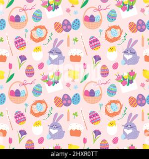Motif de Pâques sans couture avec lapin, œuf peint et fleurs. Mignons poussins, œufs dans le panier, fleurs, texture vectorielle de printemps. Objets de fête, adorable animaux tissu plat Illustration de Vecteur