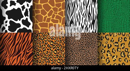 Imprimé animal sans coutures, tigre, fond de peau de léopard. Cheetah, zèbre, peaux de girafe, animaux sauvages de la jungle imprime ensemble de textures vectorielles. Tissu à répétition tendance pour les vêtements Illustration de Vecteur