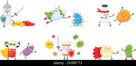 Caricature superhéros antibiotiques pilules lutte contre les virus et les bactéries. Pill caractère avec bouclier de lutte contre le virus, médecine mascots vecteur set. Médecine aux prises avec la maladie et l'infection Illustration de Vecteur