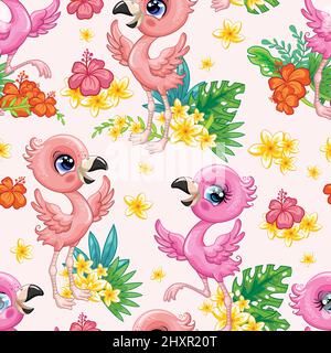 Motif tropical sans couture avec de jolis oiseaux flammants et des fleurs exotiques isolées sur fond rose. Illustration vectorielle. Pour l'impression, le linge, le design, le mur Illustration de Vecteur