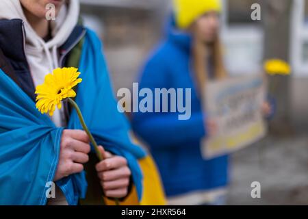 Protestation contre l'invasion russe de l'Ukraine. Jeune homme enveloppé dans un drapeau ukrainien portant des fleurs bleues et jaunes. Banque D'Images
