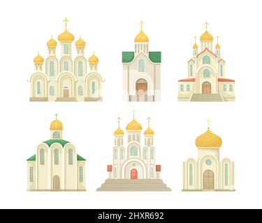 Ensemble de vecteurs avec des illustrations de l'Église chrétienne orthodoxe. Un bâtiment religieux. Style plat Illustration de Vecteur