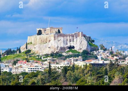 L'Acropole et le Parthénon vus du stade panathénaïque Kallimarmaro, Grèce Athènes Banque D'Images