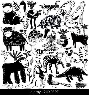 Ensemble d'animaux de la jungle noir et blanc et de feuilles tropicales exotiques. Animaux africains, perroquets, léopards, bisons, tortues, hyena, autruche, hippopotame et palmiers. Adorable safari animal.illustration vectorielle. Illustration de Vecteur