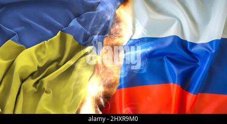 Drapeau ukrainien contre le drapeau russe brûlé - guerre en Ukraine contre les soldats russes - bannière 2022 Banque D'Images