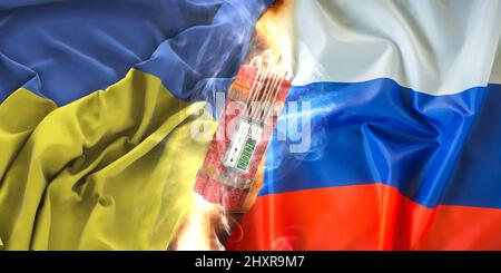 Drapeau ukrainien contre le drapeau russe brûlé - guerre en Ukraine contre les soldats russes - bannière 2022 Banque D'Images