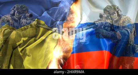 Drapeau ukrainien contre le drapeau russe brûlé - guerre en Ukraine contre les soldats russes - bannière 2022 Banque D'Images