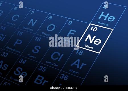 Néon sur la table périodique des éléments, avec le symbole ne du mot grec neos, avec le numéro atomique 10. Gaz noble avec éclat rouge-orange distinct. Banque D'Images