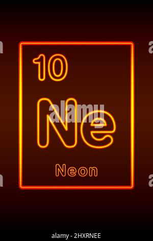 Néon d'élément de la table périodique des éléments. Le numéro atomique 10, symbole ne et le nom de l'élément chimique et du néon de gaz noble. Banque D'Images