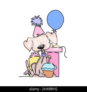 Un chiot heureux qui félicite pour les vacances. Un chiot heureux avec des boîtes-cadeaux illustration dessin de ligne continue. Illustration de Vecteur