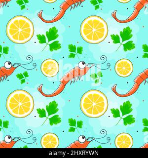 Motif sans couture sur le thème des fruits de mer avec citron et épices sur fond bleu Illustration de Vecteur