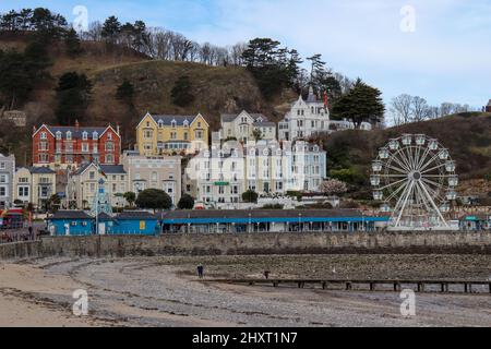 Vue sur la jetée de Llandudno, avec la grande roue et les maisons côtières colorées sur la colline Banque D'Images