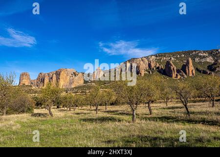 Panorama des rochers de Mallos de Riglos dans la province de Huesca, Aragon, Espagne en Europe Banque D'Images