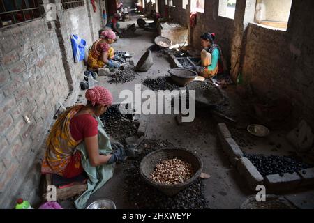 Femmes travaillant dans une usine de noix de cajou à la veille de la Journée internationale de la femme, à la périphérie d'Agartala. La Journée internationale de la femme est célébrée chaque année le 8 mars pour commémorer les réalisations culturelles, politiques et socio-économiques des femmes. Tripura, Inde. Banque D'Images