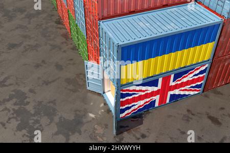 Conteneurs de marchandises avec drapeaux nationaux du Royaume-Uni et de l'Ukraine. 3D rendu Banque D'Images