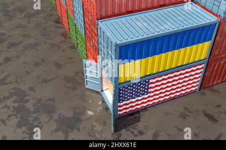 Conteneurs de marchandises avec drapeaux nationaux des États-Unis et de l'Ukraine. 3D rendu Banque D'Images