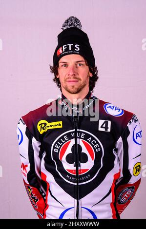 MANCHESTER, ROYAUME-UNI. 14th MARS Charles Wright - Belle vue 'ATPI' Aces pendant la Belle vue Speedway Media Day au National Speedway Stadium, Manchester, le lundi 14th mars 2022. (Credit: Ian Charles | MI News) Credit: MI News & Sport /Alay Live News Banque D'Images