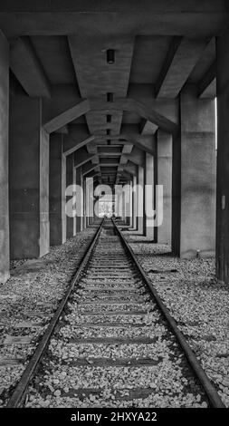 Plan en échelle de gris de la route ferroviaire sous le pont Banque D'Images