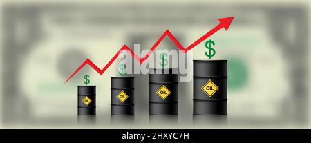 Le prix du pétrole augmente. Barils de pétrole, dollar et infographies avec une flèche rouge vers le haut. Concept de hausse des prix du pétrole brut, illustration vectorielle isolée Illustration de Vecteur