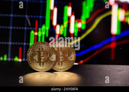 Sao Paulo, Sao Paulo, Brésil. 13th mars 2022. La crypto-monnaie Bitcoin d'or sur l'arrière-plan du diagramme. (Image de crédit : © Paulo Lopes/ZUMA Press Wire) Banque D'Images