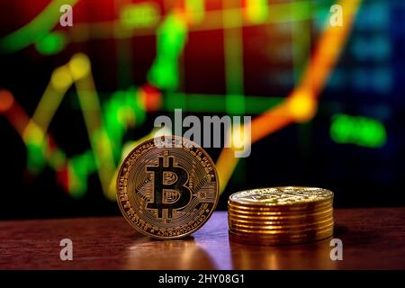Sao Paulo, Sao Paulo, Brésil. 13th mars 2022. La crypto-monnaie Bitcoin d'or sur l'arrière-plan du diagramme. (Image de crédit : © Paulo Lopes/ZUMA Press Wire) Banque D'Images