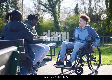 Adolescente en fauteuil roulant, elle se fait parler et rire avec ses amis à Park Banque D'Images