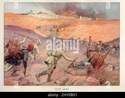 Soldats français attaquant Abomey, Royaume de Dahomey, 19th siècle. Les Français ont conquis le royaume le 16 novembre 1892, ce qui a poussé le roi Béhanzin à flamber la ville et à fuir vers le nord. Banque D'Images