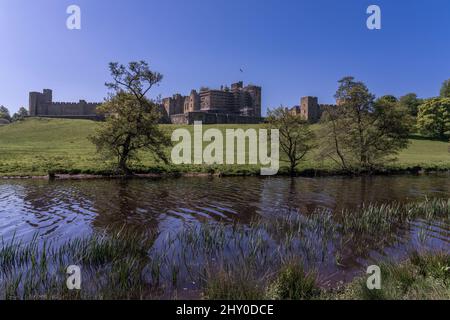 Vue sur le fleuve du château d'Alnwick dans le nord de l'Angleterre Banque D'Images