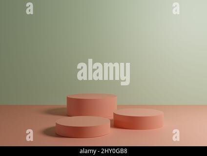 Trois podiums ou supports rose pastel sur fond vert pastel pour l'affichage du produit. Composition minimale pour la photographie de produit 3D maquette de rendu. Lumière venant du côté droit. Banque D'Images