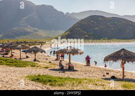 Playa Balandra, la Paz, Baja California sur, Mexique. 12 novembre 2021. Palapas le long de la plage de Balandra près de la Paz. Banque D'Images