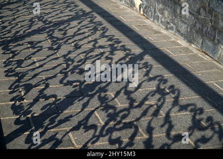Ombres d'une clôture rustique en fer forgé sur un sol en pierre à l'extérieur comme arrière-plan abstrait Banque D'Images