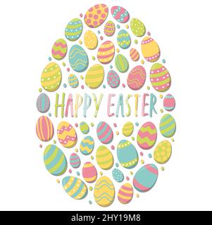 illustration vectorielle eps des œufs de pâques peints avec différentes couleurs combinées pour former un grand œuf et des salutations de pâques sur fond blanc Banque D'Images