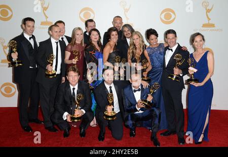 Carson Daly et Mark Burnett dans la salle de presse des Primetime Emmy Awards 65th qui se tiennent au Nokia Theatre de L.A. Vivre à Los Angeles, Etats-Unis. Banque D'Images