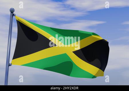 Illustration du drapeau de la Jamaïque avec mât de drapeau chromé dans le ciel bleu agitant dans le vent. Banque D'Images