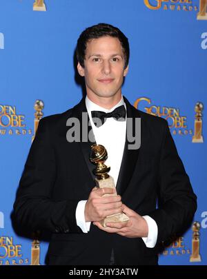 Andy Samberg dans la salle de presse des Golden Globe Awards 71st, Los Angeles Banque D'Images