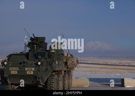 A M1126 Stryker avec 1st Bataillon, 12th Infantry Regiment, 2nd Stryker Brigade combat Team, 4th Infantry Division, se prépare à tirer pendant Stryker Gunnery à fort Carson, Colorado, mars 2022. Les unités utilisent les qualifications des armes à feu pour certifier les équipages et les systèmes d'armes dans le cadre des efforts visant à assurer la préparation. Photo de l'armée américaine par 1st le lieutenant John Fitzpatrick. Banque D'Images