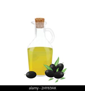Bouteille d'huile d'olive avec olives noires sur fond blanc, illustration vectorielle Illustration de Vecteur