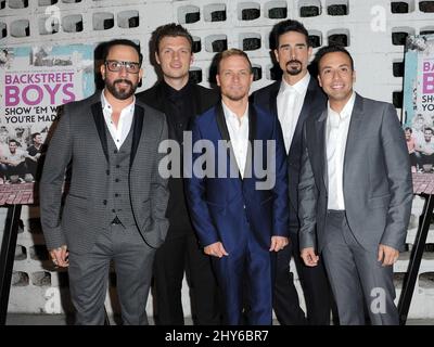 AJ McLean, Nick carter, Brian Littrell, Kevin Richardson, Howie participant à la première du spectacle « Backstreet Boys: Show 'em What You're Made of », qui a eu lieu aux cinémas Arclight de Los Angeles, en Californie. Banque D'Images
