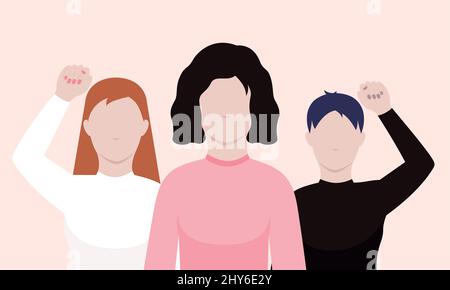 Trois différentes femmes debout ensemble et levant leurs mains Illustration de Vecteur