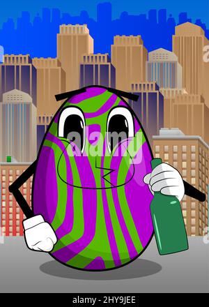 Œuf de Pâques tenant une bouteille. Personnage de dessin animé avec visage amusant pour les vacances de Pâques. Illustration de Vecteur