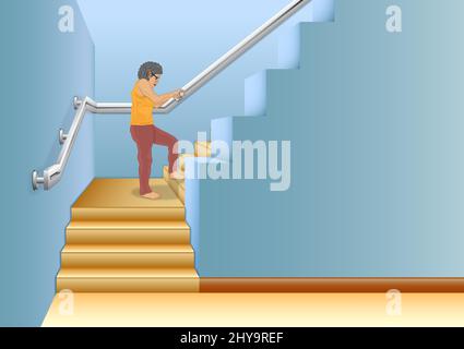 Aides à la marche à l'étage pour les personnes âgées, aides à l'escalier pour les personnes âgées. Il protège les personnes âgées contre les glissades ou les chutes au rez-de-chaussée avec des poignées Illustration de Vecteur