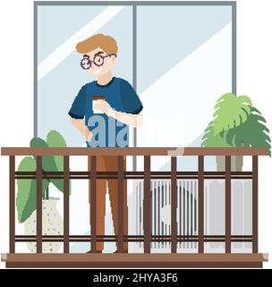 Balcon jardin plat avec homme tenant le café sur fond blanc illustration Illustration de Vecteur